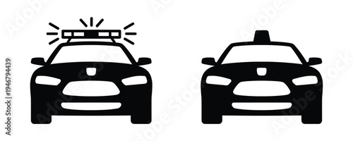 Black silhouettes of police car and taxi with light on top isolated on white background