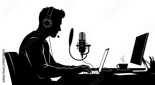 Podcaster Silhouette at Desk with Laptop, Microphone, and Coffee