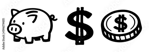 Piggy bank dollar sign and coin savings symbol vector black icon