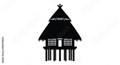 Black silhouette of a traditional thatched-roof hut with a raised platform and windows on a white background.