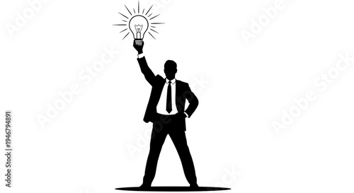Silhouette of a Businessman Holding a Light Bulb, Symbolizing Idea, Innovation, and Success