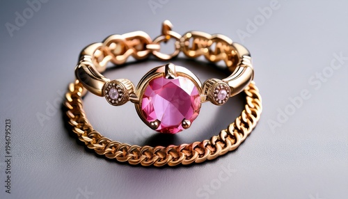 elegant gold chain bracelet with pink gemstone centerpiece