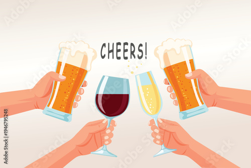 Four Hands Clinking Drinks for Celebration: Beer, Wine, Champagne Toast, Vector Illustration