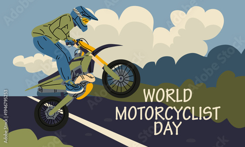 World Motorcyclist Day horizontal greeting card with outline rider performing stunt on bike against landscape background. Flat illustration for extreme sports banners or social media posts.