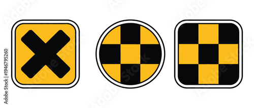 Crash Test Sign Symbol Collection, crash test dummy with black and yellow checkered warning, automotive safety icon vector isolated on white background for vehicle testing and safety design.