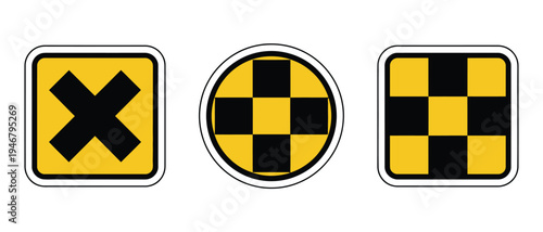 Crash Test Sign Symbol Collection, crash test dummy with black and yellow checkered warning, automotive safety icon vector isolated on white background for vehicle testing and safety design.