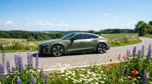Audi e-tron gt electric car driving winding road past wildflowers
