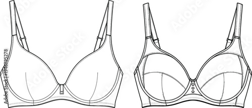 Women bra vector illustration, front and back view underwear design, lingerie fashion template, detailed apparel technical drawing mockup