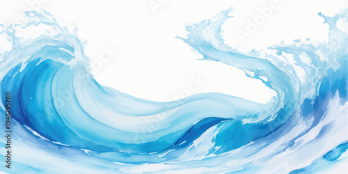 Abstract watercolor wave with splashing foam and translucent blue water, isolated background
