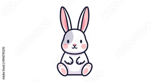 A white cartoon rabbit with pink accents sits upright on a plain white background with a cheerful expression.