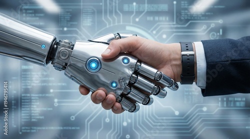 Robot and Human Handshake Representing AI Collaboration