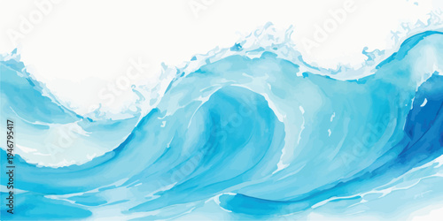 Stylized ocean wave with frothy white foam and translucent blue water, isolated