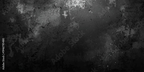 A dark and aged grunge metal wall texture features a rough, dirty concrete surface with vintage rust patterns on a textured gray and black stone material backdrop