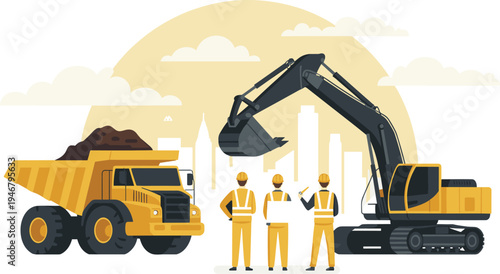 Construction workers with excavator and dump truck at building site, heavy machinery engineering construction industry vector illustration
