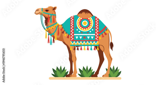 Illustration of a camel with colorful blanket and tassels standing on sand with green plants against a white background.