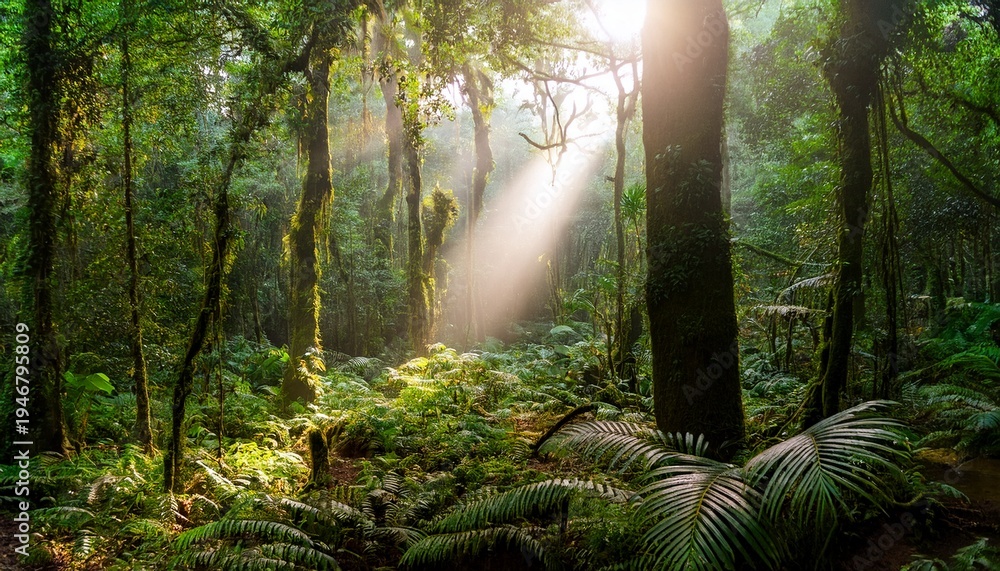 Fototapeta premium sunlight streams through lush greenery within a tropical forest scene