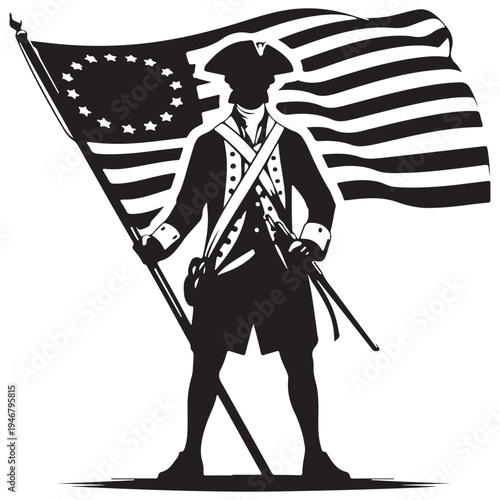 American Revolutionary War Patriot Soldier Holding Betsy Ross Flag Continental Army Illustration