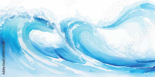 Dynamic blue ocean wave crashing with white foam against a bright white background, abstract liquid motion, design element