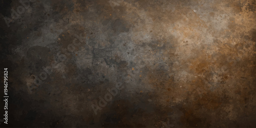 A dark and grungy vintage backdrop featuring a rough aged surface of old rusty metal texture with a dirty brown pattern on a weathered antique wall material
