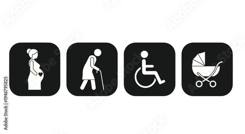 Four white icons on black backgrounds representing various life stages and abilities in a horizontal row on a white background.