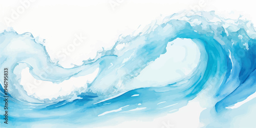 Dynamic blue ocean wave crashing with white foam against a bright white background, abstract liquid motion, design element
