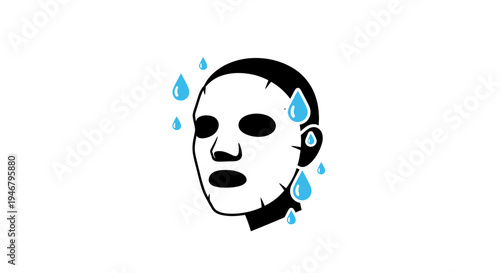 A black and white illustration of a sweating face with blue drops.