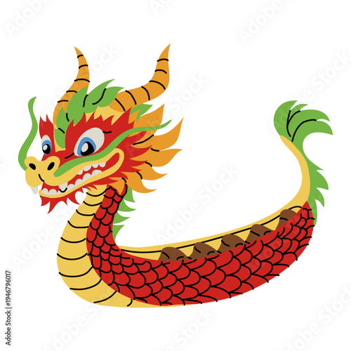 Flat illustration of a traditional Chinese dragon boat with red scales and a green mane. Oriental mythology symbol for Lunar New Year festival decoration, stickers or cultural web banners