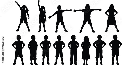 Collection of children silhouettes standing poses with hands up and arms open kids boy girl figures vector illustration