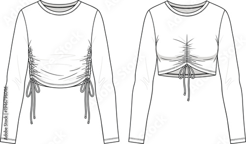 women, ruched, crop, top, fashion, technical, sketch, long, sleeve, drawstring, casual, clothing, design