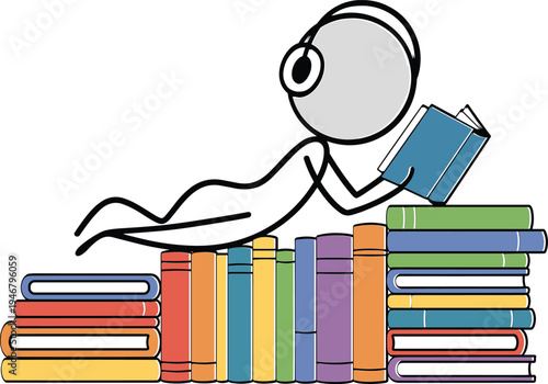 Stick figure listening audiobook reading books with headphones, student studying on book stack education learning concept vector illustration