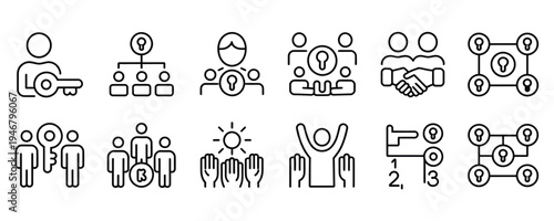 Line icons of people and keys for business and partnership concepts