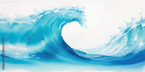 Close-up of a blue ocean wave breaking with white foam, isolated on a white background for creative use, design element, close up