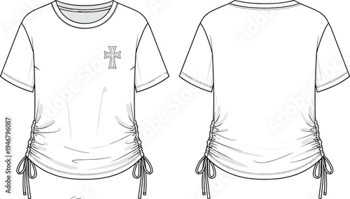 women, ruched, tshirt, fashion, technical, sketch, short, sleeve, drawstring, side, casual, clothing, design, template, front, back, illustration, outline, garment, apparel