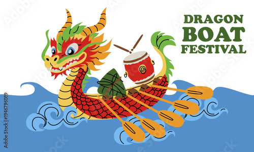 Flat horizontal illustration for Dragon Boat Festival with red dragon ship, traditional drum and zongzi on waves. Oriental holiday graphic for social media banners, cards or cultural web design