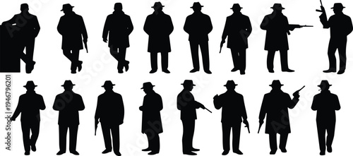 Collection of detective gangster silhouettes with hat coat holding gun crime noir characters isolated black vector illustration set