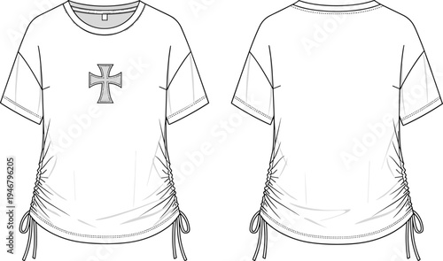 women, ruched, tshirt, fashion, technical, sketch, short, sleeve, drawstring, side, cross, graphic, clothing, design, template, front, back, illustration, garment, apparel