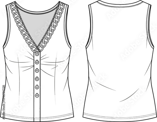 women, sleeveless, blouse, fashion, technical, sketch, vneck, button, chain, detail, clothing, design, template, front, back, illustration, outline, garment, apparel, vector