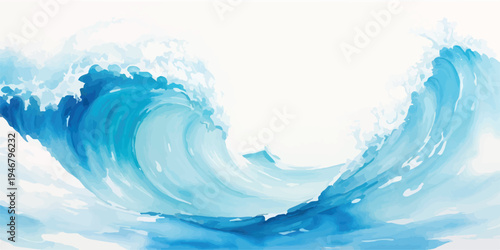 Watercolor painting of a powerful ocean wave breaking with white foam