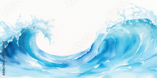 Artistic rendering of a blue ocean wave with white crest and spray, watercolor effect