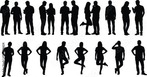 Collection of men and women silhouettes standing talking posing casual people figures isolated black human vector illustration set