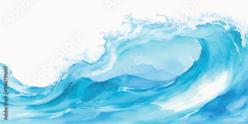 Large, powerful ocean wave rendered in a blue watercolor style with frothy white spray, isolated on a clean white background for design projects