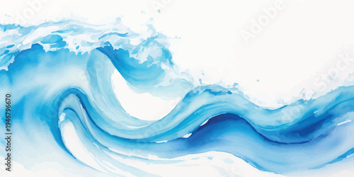 Artistic illustration of a breaking blue wave with detailed white water splashes, painted in a watercolor style on a plain white background