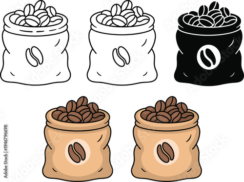 Coffee beans sack icons set, roasted coffee bean bag illustration, cafe ingredient storage food vector collection isolated