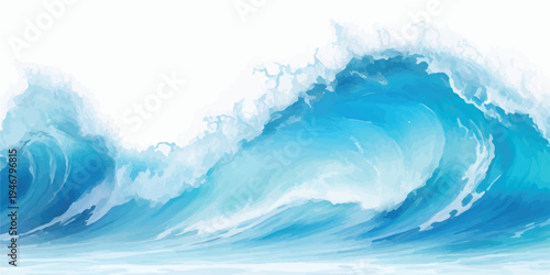 Vibrant watercolor illustration of a large, powerful ocean wave with splashes and foam, presented on a clean white background for design