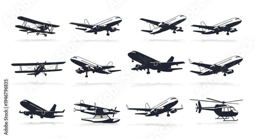 Silhouette Collection of Various Aircraft and Helicopter Designs.
