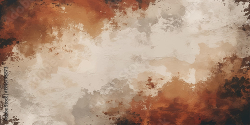 An antique brown grunge wall texture features a rough aged surface with vintage paint patterns and dirty rust spots on a weathered canvas backdrop