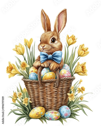 cute easter bunny with a blue bow sitting in an easter basket, surrounded by yellow daffodils and tulips