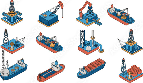 Oil and gas industry isometric icons set, offshore drilling rig tanker ship refinery pipeline energy production vector illustration
