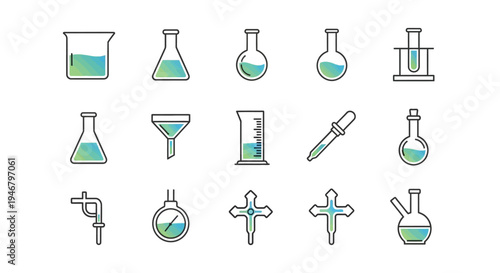 Collection of laboratory glassware icons and equipment.