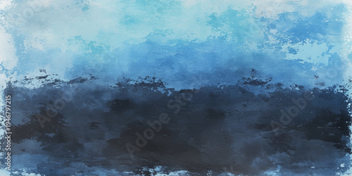 Abstract blue grunge background featuring a dark storm over a misty sea with white clouds and light smoke effects
